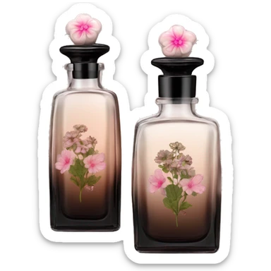 Two English vintage glass perfume bottles from my aristocratic grandmother, exquisite bottle shape, old and shabby, with label, stylish and minimalistic, black and brown with pink gradient, with little herbal and flowers  sticker