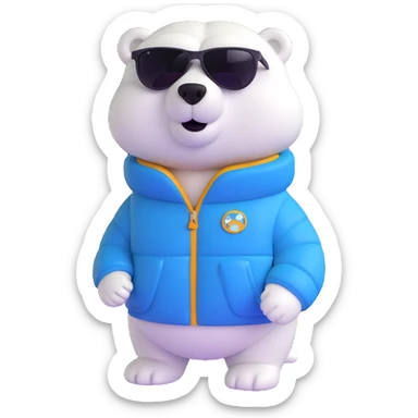 polar bear wearing a white puffer jacket and sunglasses  sticker
