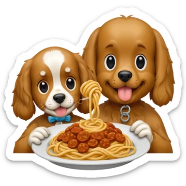 American Cocker Spaniel and Mongrel Eat Spaghetti Between Them, iphone emoji style, reference image: https://attic.sh/7pfc4fbn6y0ij1bao69rntq1w5mv sticker