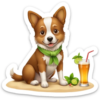A dog sittign on the beach with a glass off mojito and empty beer bottle at his side sticker