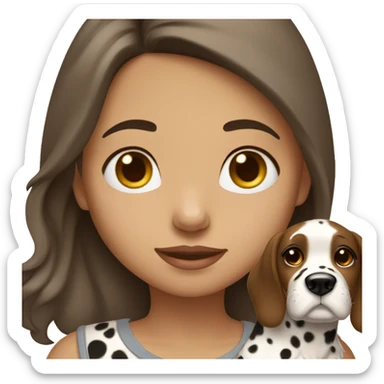A brown with medium to long hair girl closes her eyes and holds a Dalmatian dog sticker