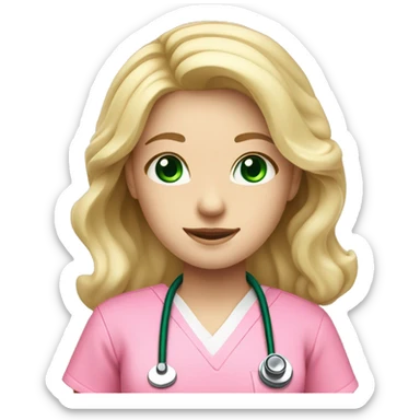pale blonde girl with long wavy hair and green eyes wearing pink scrubs and stethoscope  sticker