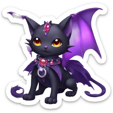 cool kawaii black purple red ethereal fantasy beautiful elegant nargacuga-bat-cat-Fakemon wearing legs spats a collar harness with jewelries full body sticker