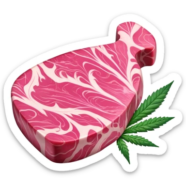 Pink marbled wagyu beef steak with cannabis leaf garnish sticker