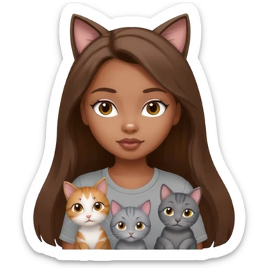 a pretty bratz dusky girl with long brown hair with four cats nd wearing a grey tshirt sticker