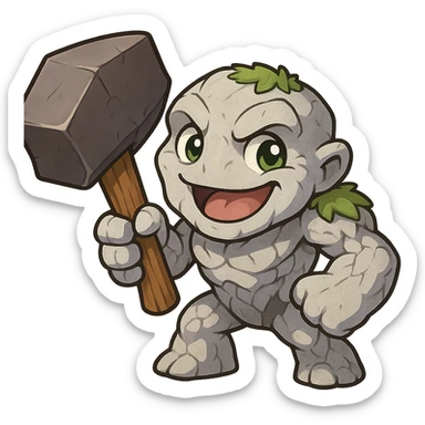 Tiny from Dota 2 in a cute chibi-style cartoon redesign, holding an oversized hammer, playful expression sticker