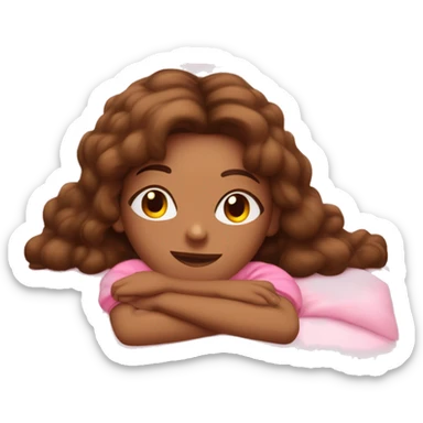 Girl with golden skin and brown hair in long loose ways wearing cute pink pajamas, laying her head on a pink pillow ￼ sticker