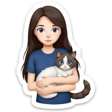 a girl with long dark brown hair, grey eyes, in a navy blue tshirt is hugging a ragdoll cat sticker