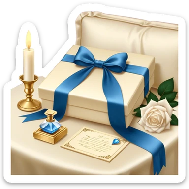 A carefully folded love letter, tied with a silky blue ribbon, sits on a velvet cushion. Beside it stands a tall crystal perfume bottle, exuding the soft scent of white roses. Pearl butterflies hover above the table, as the warm glow of candlelight reflects off the golden wax seal. sticker