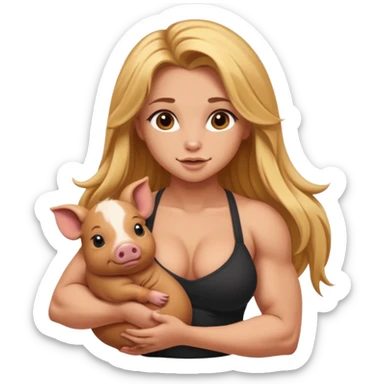 muscled sexy girl, horny, big butt, holding cute brown minipig, long golden hair sticker