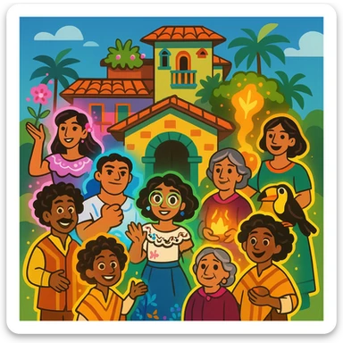 The Encanto family, animated style, bright colors, each character with a magical aura, standing together in front of their magical house sticker