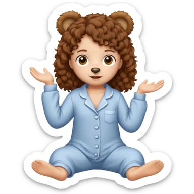 brown eyes, brown curly hair, white skin, full body in cute pijama bear sticker