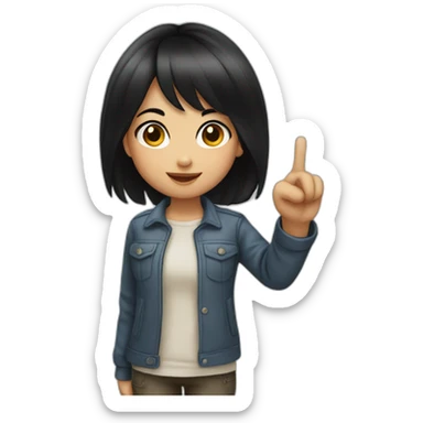 small girl with black hair showing hand with 1 finger up sticker