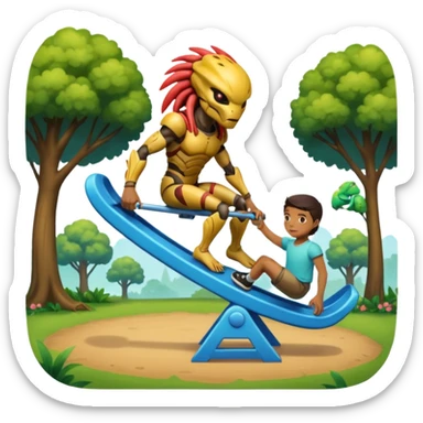 The Predator, in a dream like park, pushing unwilling the alien in a seesaw. sticker