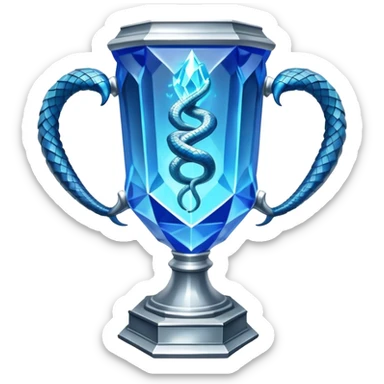 exact replica of Harry Potter Triwizard Cup trophy, hexagonal faceted cup with two curved snake handles, silver with blue glow sticker