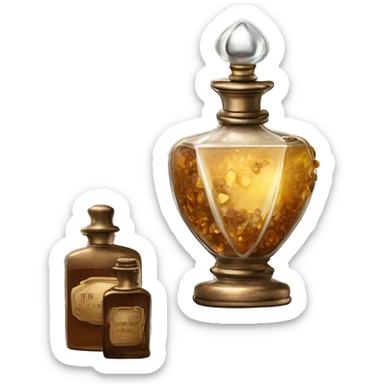 An antique perfume bottle with oil made of bronze and brown crystals, from which white cream and coffee milk flow, yellow flowers of fragrant vanilla lie next to it sticker