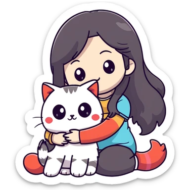 Girl with straight black long hair hugging a colorpoint ragdoll plush toy and a tricolor long-haired cat sticker