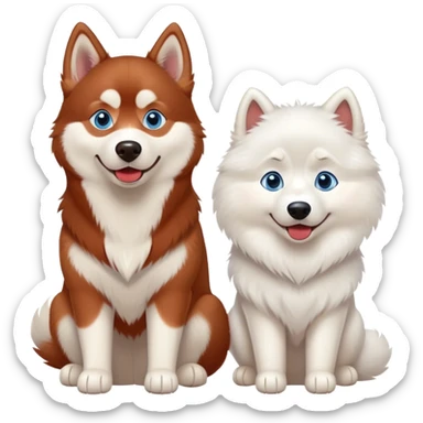 disney-style red siberian husky with blue eyes and a samoyed, both sitting, best friends sticker
