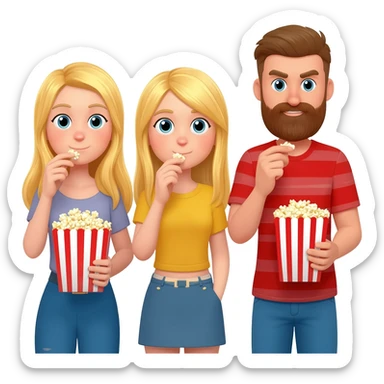 2  blonde girls and a guy with a beard standing eating popcorn sticker