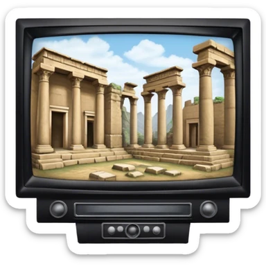 Icon for Documentary Film (TV style): A large TV screen with a host presenting in front of video footage showing ancient ruins. The design should evoke a vintage TV broadcast with historical content, complete with a clear view of the host and the ruins behind. Transparent background. sticker