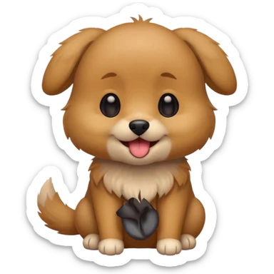 Cute small brown fluffy dog emoji icon. Round face, short muzzle, light brown fur with slightly darker ears, small black nose, happy smiling expression with tongue out. Soft friendly eyes, sitting pose with front paws together. Simple clean vector style, minimal details, kawaii style. sticker