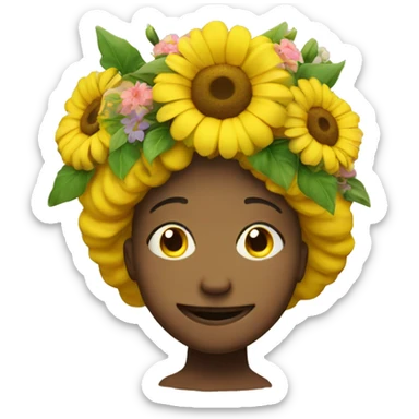 Yellow circular smiley face wearing flowers on head sticker
