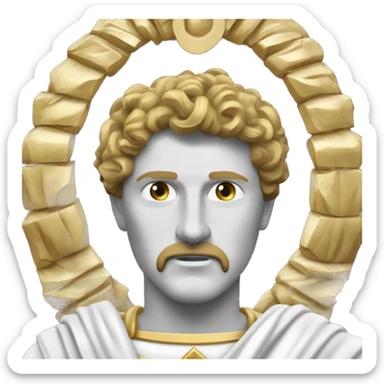 Um imperador romano usando uma coroa de louros dourada, com toga púrpura e branca, sentado em um trono de mármore. Seu rosto está inclinado para baixo, uma lágrima escorre pelo rosto sticker