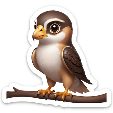 Cinematic Cute Falcon Portrait Emoji, Head tilted playfully and inquisitively, featuring a sleek, agile form with a delicately curved beak and round, sparkling eyes full of spirited charm, Simplified yet irresistibly adorable features, highly detailed, glowing with a warm, inviting glow, high shine, affectionate and lively, stylized with a touch of whimsical aerial grace, soft glowing outline, capturing the essence of a mischievous yet endearing falcon that seems as if it could dart out of the screen into your heart! sticker