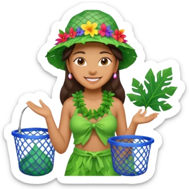 Hawaiian woman with leaf hat and big trash net and colorful cloth sticker