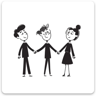 three stick figures holding hands, playful doodle style sticker