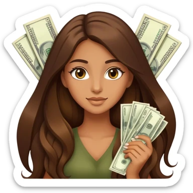 beautiful rich tanned girl with long brown hair holding lots of money sticker