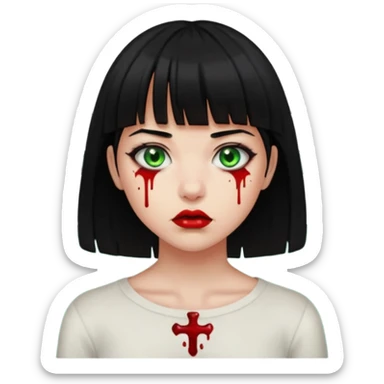 Guria com cabelo preto franjinha sangrando olhos verdes  fundo preto e um piercing bridgepiercing sticker