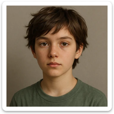 3D illustration of a young person with short tousled brown hair, light skin, neutral expression, realistic and detailed style, inspired by the reference image sticker