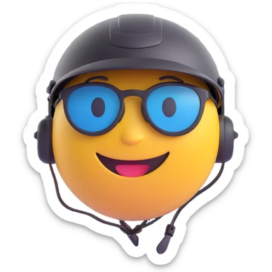 3D smiley emoji, round shape, motorcyclist with sunglasses: large black sunglasses, helmet, smiling face sticker