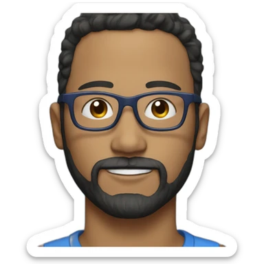 man 41 years old, tiny beard, black hair with silver with blue glasses sticker