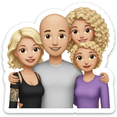 throuple tatted bald boyfriend with two girlfriends, one long blonde hair, other short curly brunette  sticker