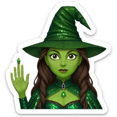 Elphaba, Wicked Witch of the West from The Wizard of Oz with long brown hair, dark green sequin outfit, green skin sticker