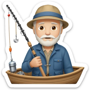 an old white haired, bearded man in fisherman attire, sat in a boat at sea, holding a fishing rod and catching fish with it. sticker