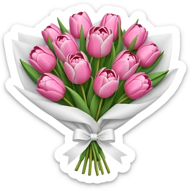 Bouquet of pink flower like tulips and rose and peony wrapped in white paper sticker