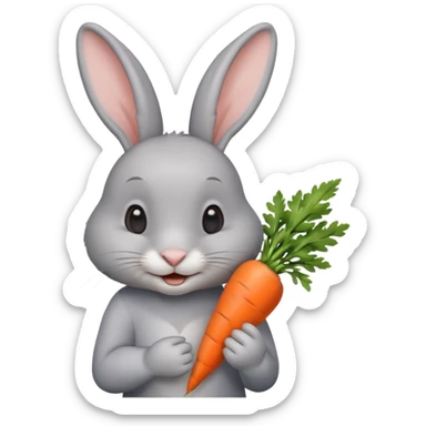 Gray rabbit holding carrot, cute smile, half body sticker