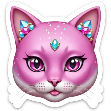glamorous cat portrait, head and shoulders only, exaggerated pink makeup, bright eyeshadow, long eyelashes, shiny blush cheeks, sparkling face gems, glitter accents, elegant earrings, fantasy beauty style, cute 3D cartoon, mobile game icon style, clean background, no text, no watermark
 sticker