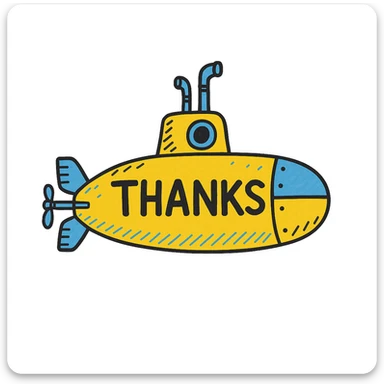 Add bright yellow and blue color to the classic submarine, keep the 'thanks' text, in a doodle style similar to hand drawn notion style doodles. sticker