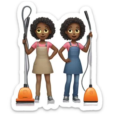 Two girls standing back to back holding vacuums  sticker