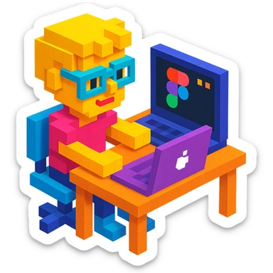 voxel style designer at desk with MacBook and Figma app open sticker