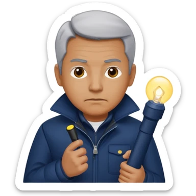 Security, Middle-aged, wearing navy blue jacket, serious facial expression, holding flashlight, full body sticker