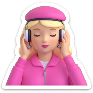 blonde American girl wearing a pink beret and AirPods Max headphones, listening to music with closed eyes sticker