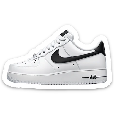 A pair of white Nike Air Force 1 sneakers side by side with Nike swoosh sticker