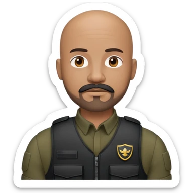 black soldier bald head, short beard that connects seamlessly to his mustache,  in black bulletproof vest sticker