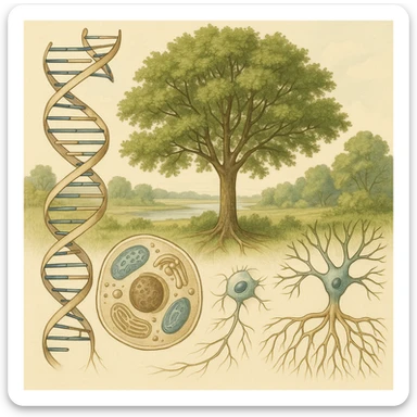 A realistic biological illustration showing: DNA strands transitioning into a tree, cells with visible organelles, neurons connected to plant roots  and a balanced ecosystem background . Seamless integration, no labels or borders. Scientific color scheme, detailed but minimalist. sticker