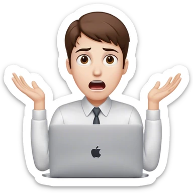 An overwhelmed office worker at a MacBook, eyes wide open, mouth agape, sweat drops flying, hands on head in panic, with white skin and brown hair sticker